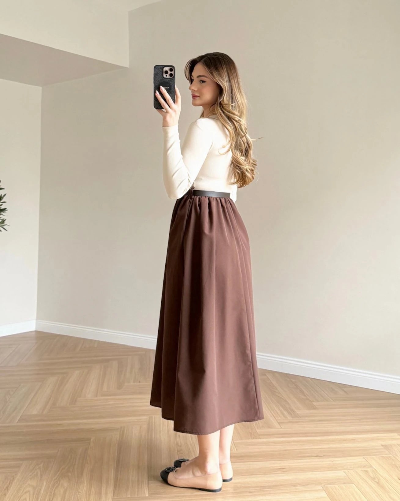 Eteği Poplin Kemerli Elbise - kahve-bej