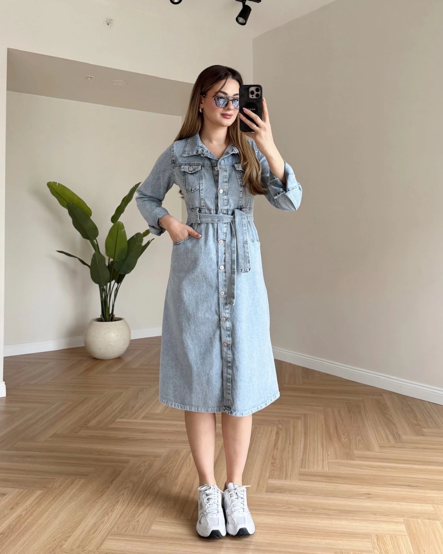 HARVEN Kuşaklı Midi Boy Denim Elbise - Açık Mavi