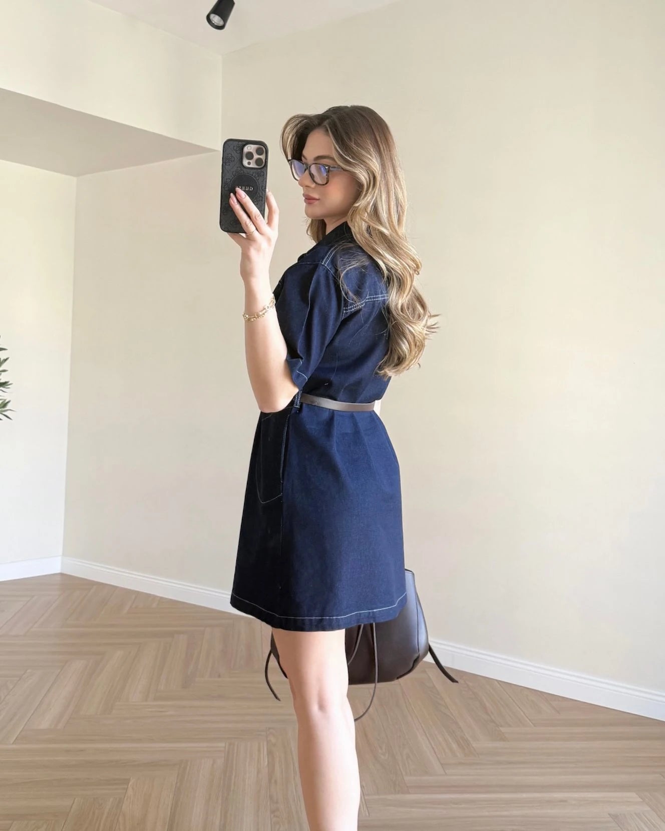 Kemerli Mini Denim Elbise - Lacivert