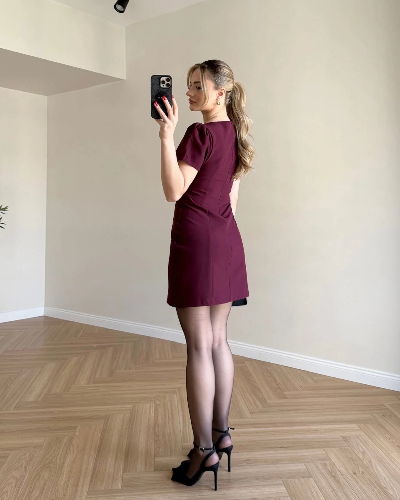 Kısa Kol Mini Elbise - Bordo