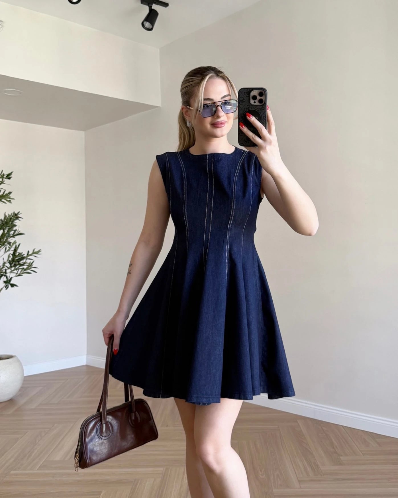 Kloş Etekli Mini Denim Elbise - Koyu Mavi