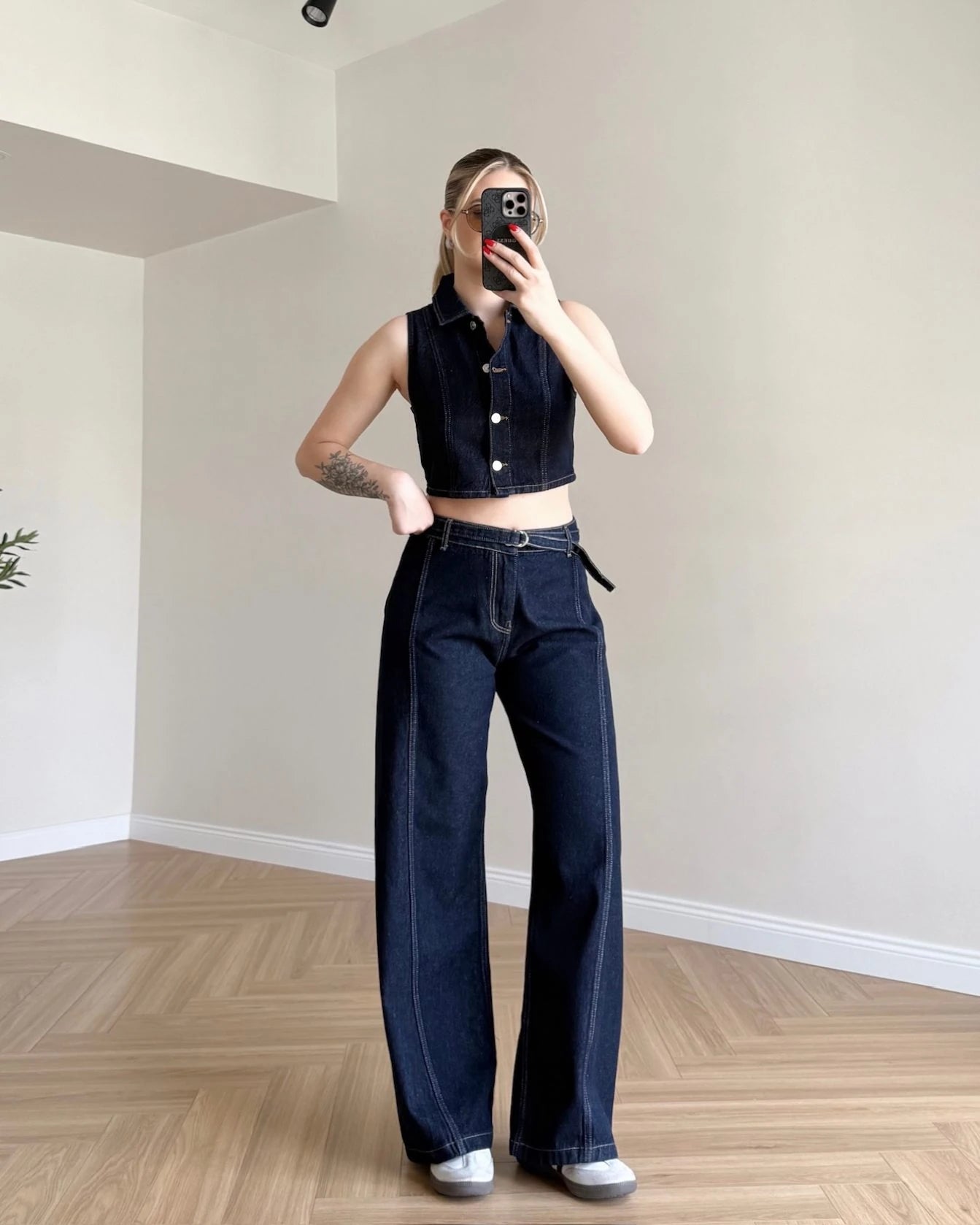 Kontrast Dikişli Crop Denim Takım - Koyu Mavi