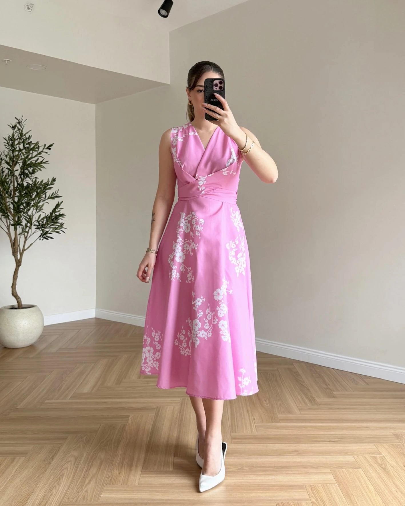 MARILYN Çiçek Desenli Midi Elbise - Pembe