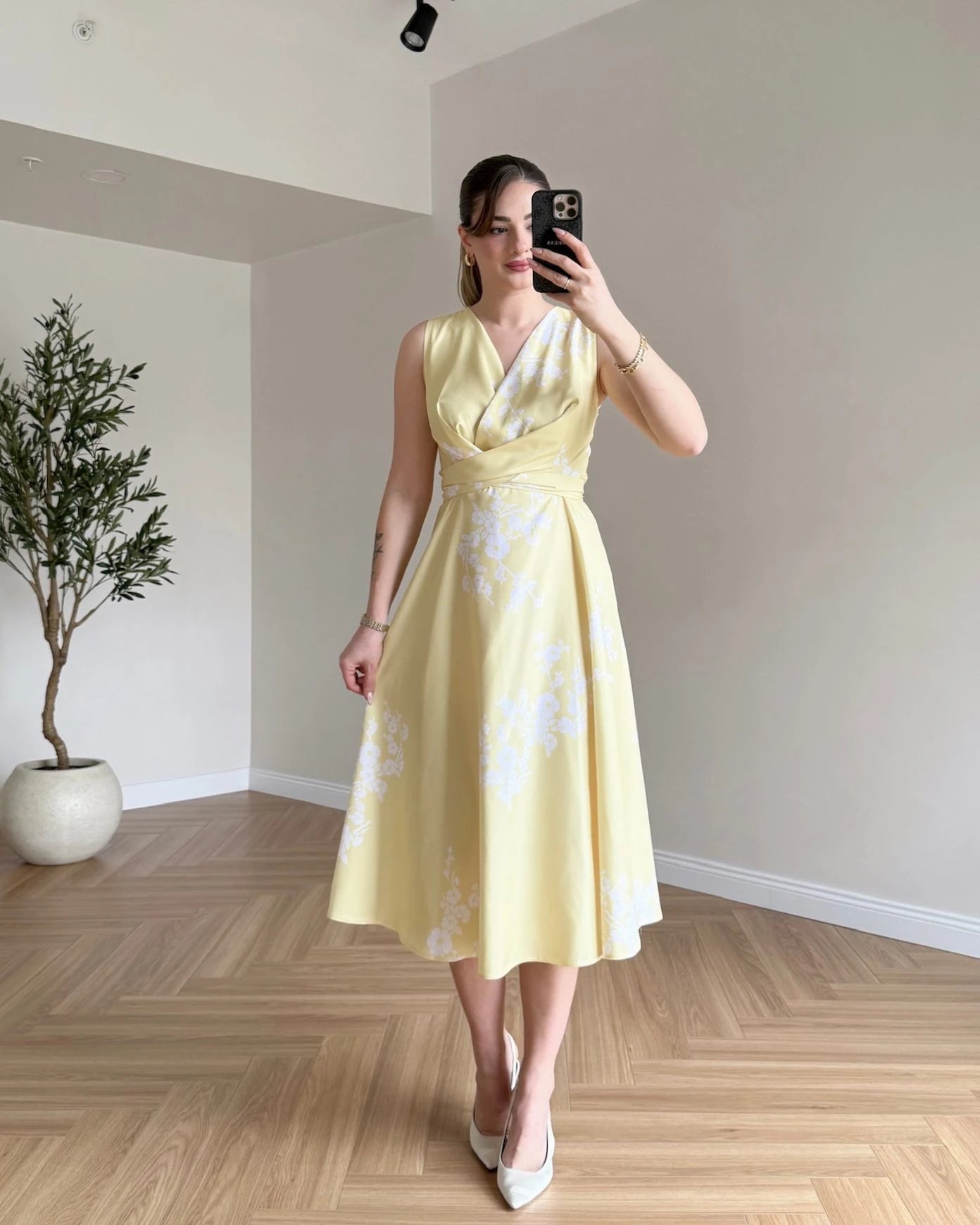 MARILYN Çiçek Desenli Midi Elbise - Sarı
