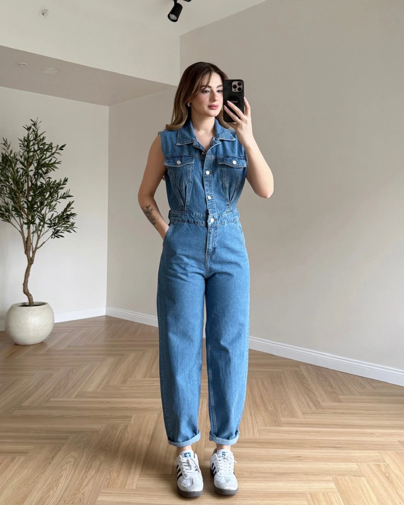 Sıfır Kol Denim Tulum - Açık Mavi