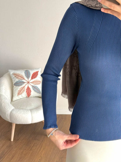 Dik Yaka Fırfırlı Body Lacivert