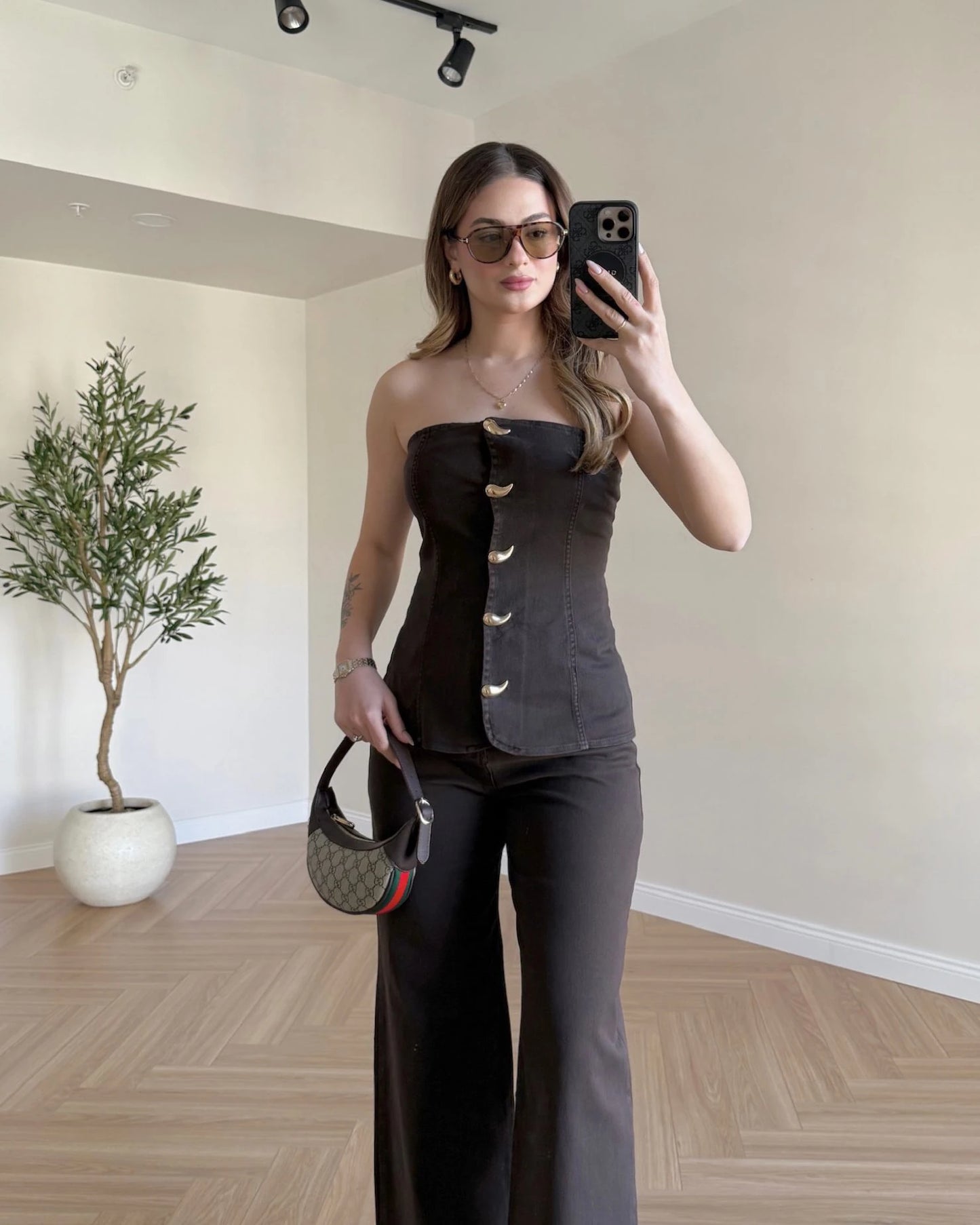 Acı Kahve Straplez Denim Takım - Acı Kahve