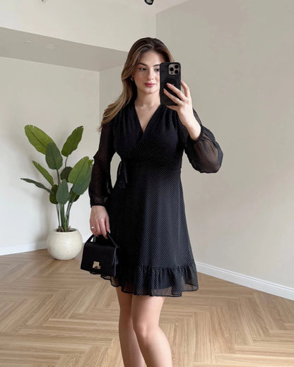 ASHLEY Kruvaze Yaka Puantiyeli Elbise - Siyah