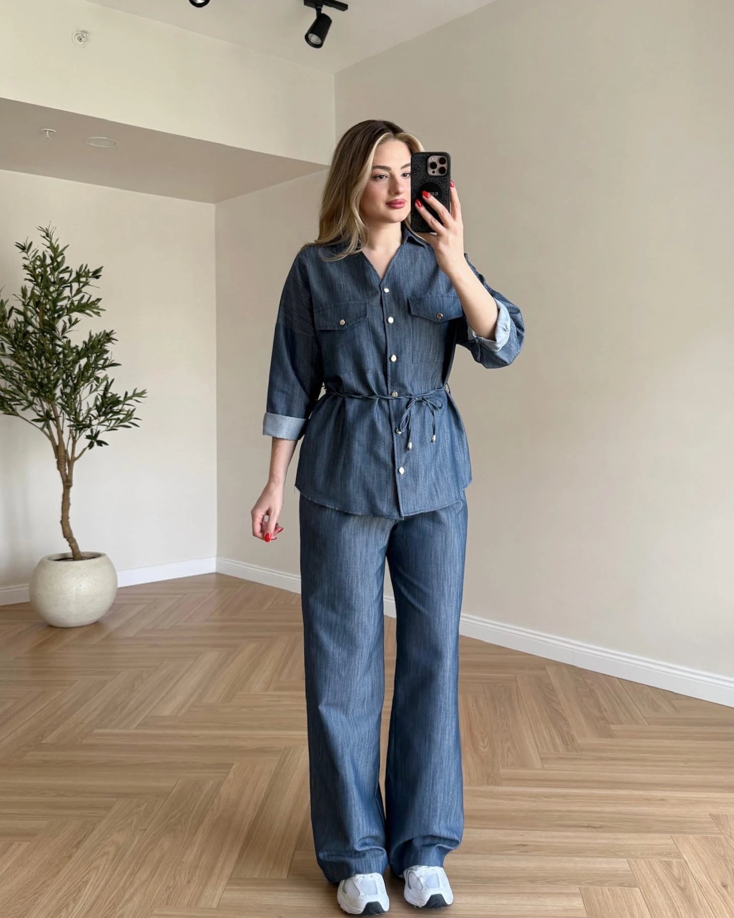 Bağcık Detaylı Denim Takım - Mavi