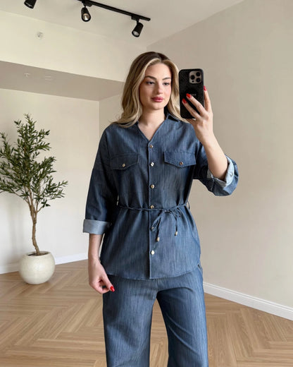 Bağcık Detaylı Denim Takım - Mavi