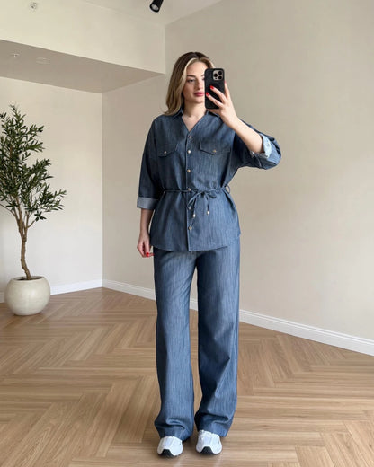 Bağcık Detaylı Denim Takım - Mavi