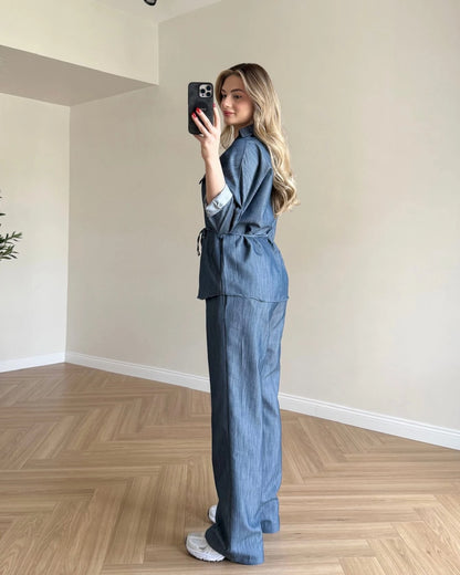 Bağcık Detaylı Denim Takım - Mavi