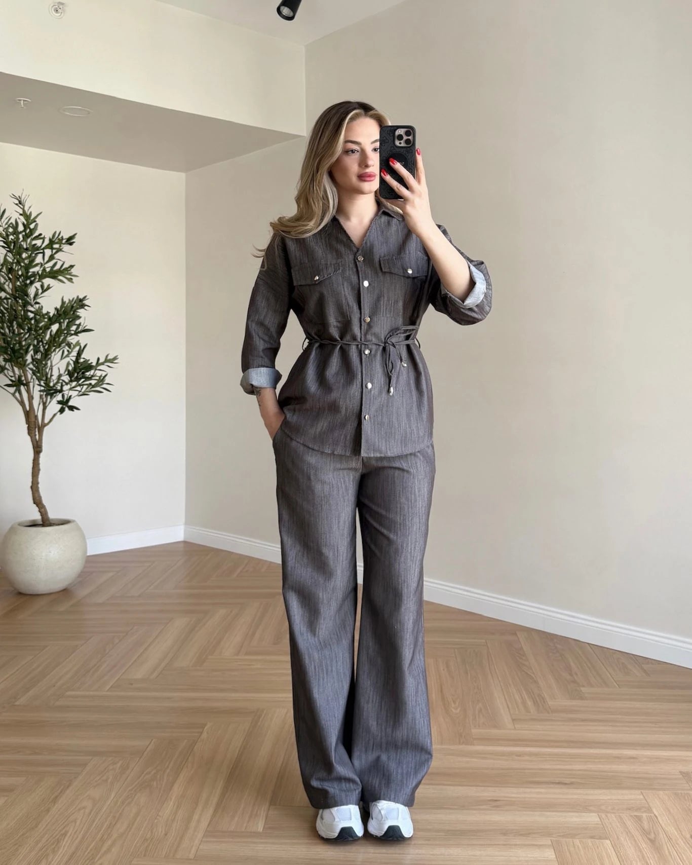 Bağcık Detaylı Denim Takım - Kahve