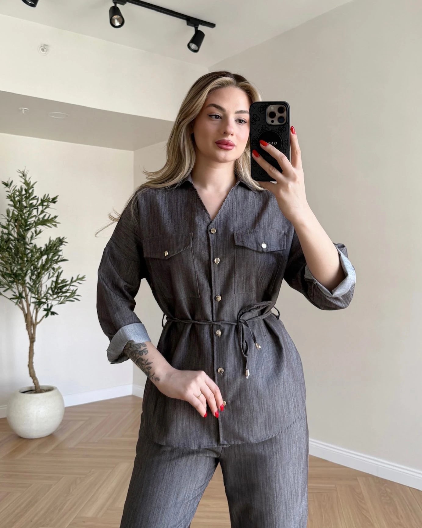 Bağcık Detaylı Denim Takım - Kahve