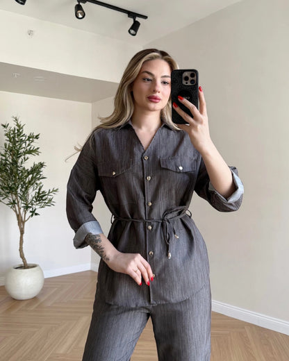Bağcık Detaylı Denim Takım - Kahve