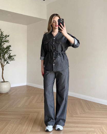 Bağcık Detaylı Denim Takım - Siyah