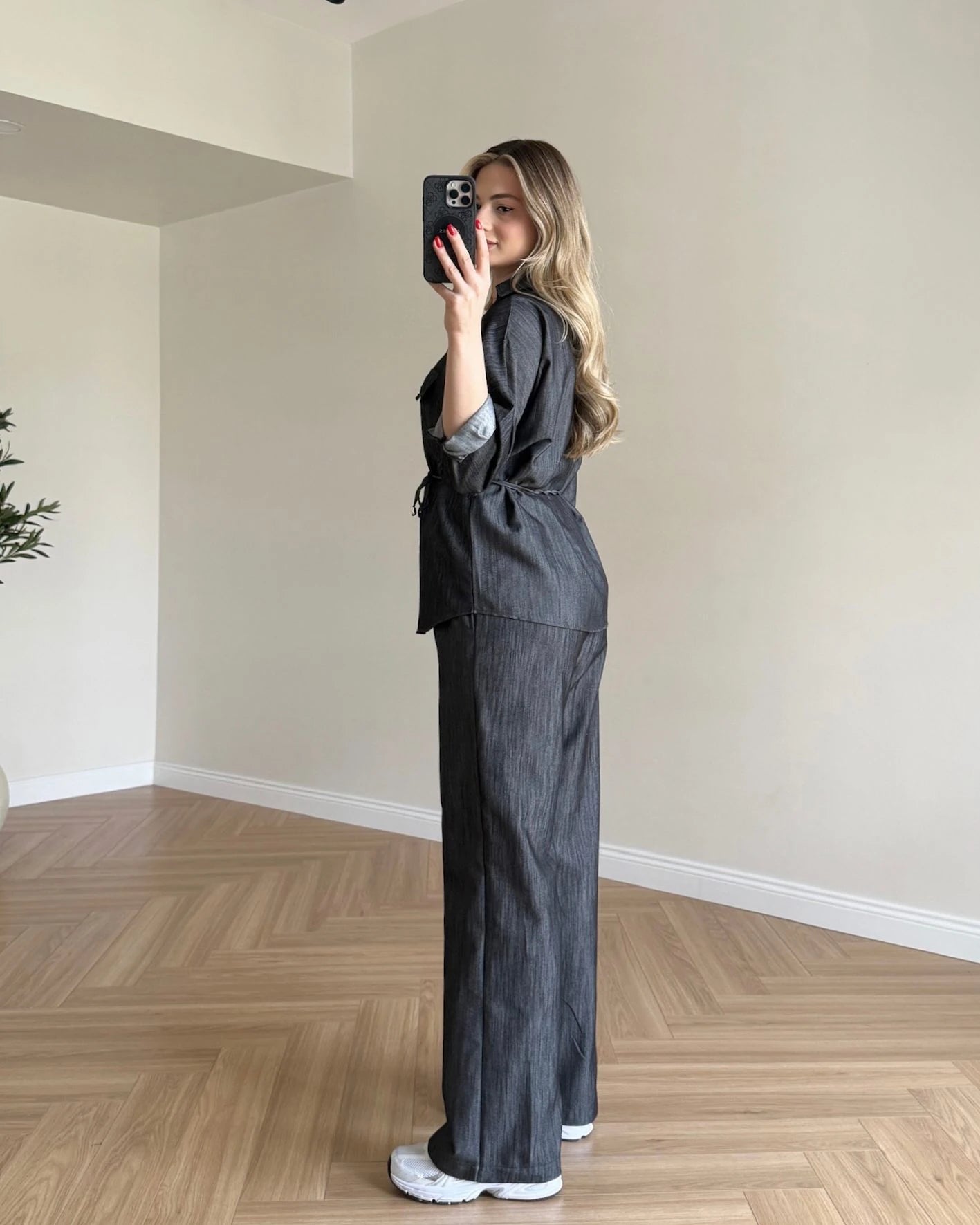 Bağcık Detaylı Denim Takım - Siyah