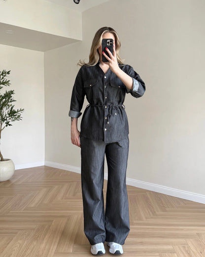 Bağcık Detaylı Denim Takım - Siyah