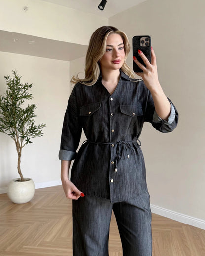 Bağcık Detaylı Denim Takım - Siyah