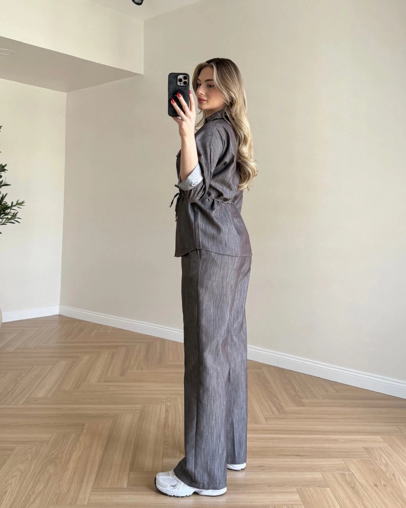 Bağcık Detaylı Denim Takım - Kahve