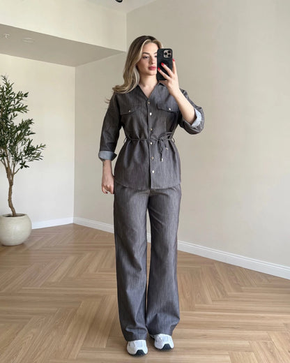 Bağcık Detaylı Denim Takım - Kahve