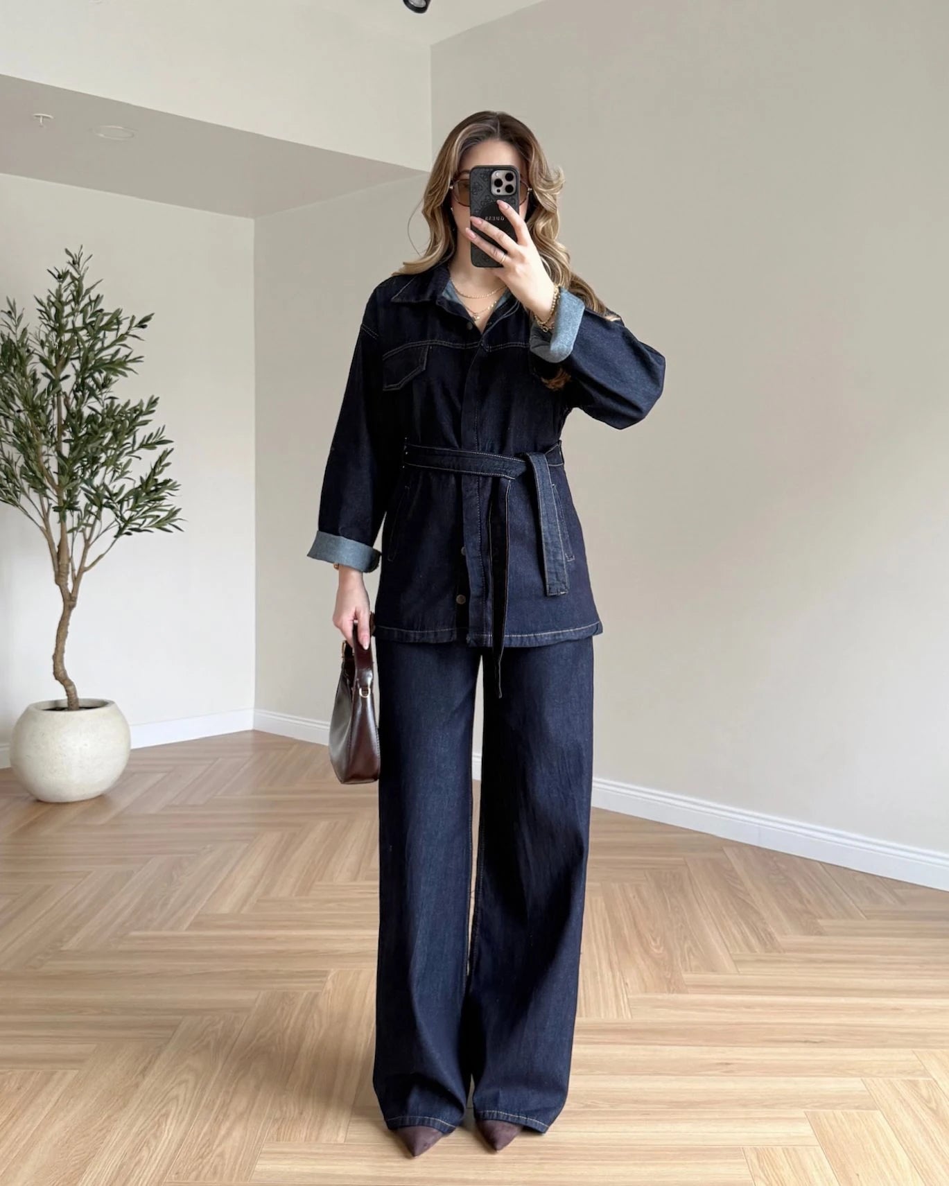 Bağlamalı Denim Takım - Koyu Mavi