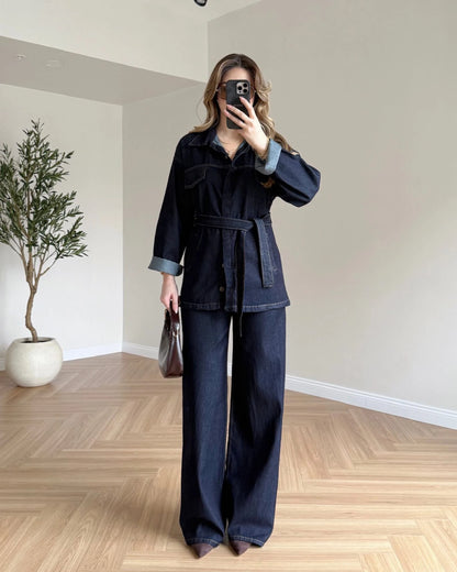 Bağlamalı Denim Takım - Koyu Mavi