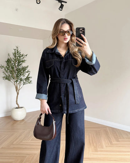 Bağlamalı Denim Takım - Koyu Mavi