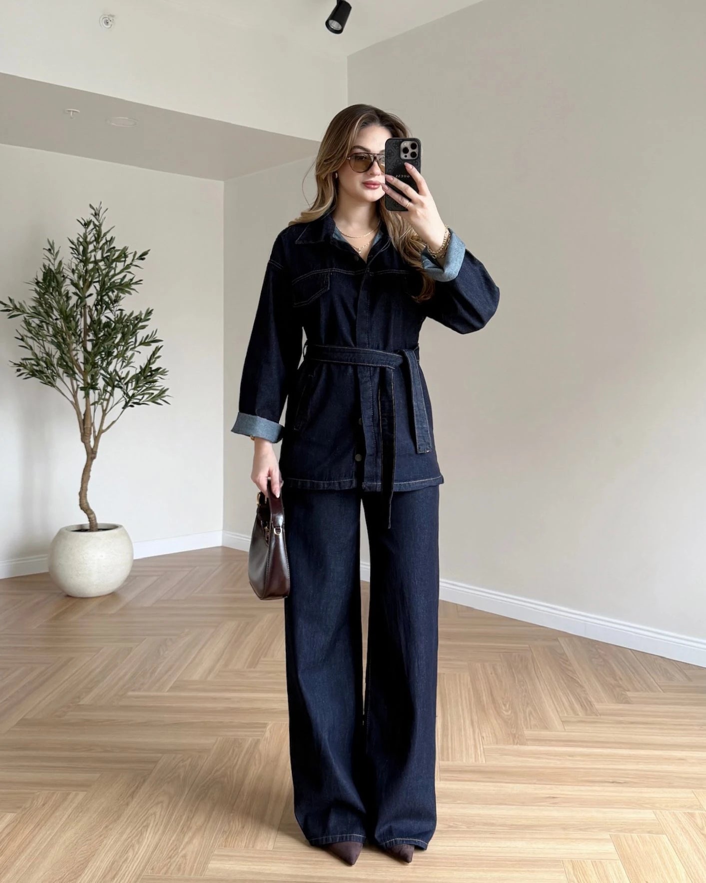 Bağlamalı Denim Takım - Koyu Mavi
