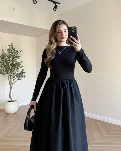 Beli Lastikli Eteği Poplin Elbise - Siyah