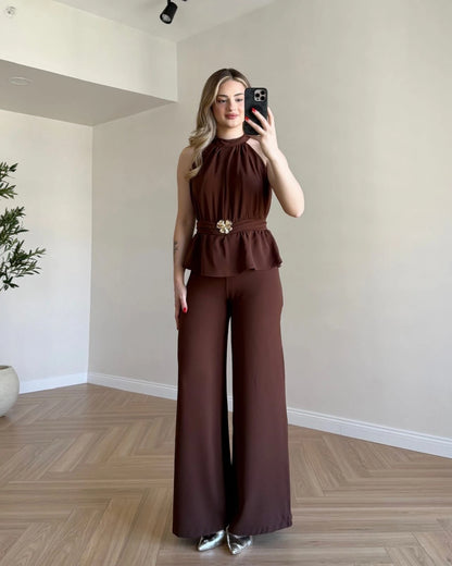Broş Detaylı Bol Paça Tulum - Kahve