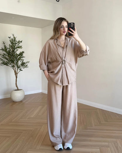 Broş Detaylı Gömlek Pantolon Takım - Bej