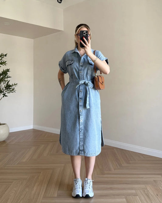 Cep Detaylı Kuşaklı Denim Elbise - Mavi