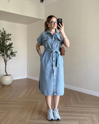 Cep Detaylı Kuşaklı Denim Elbise - Mavi