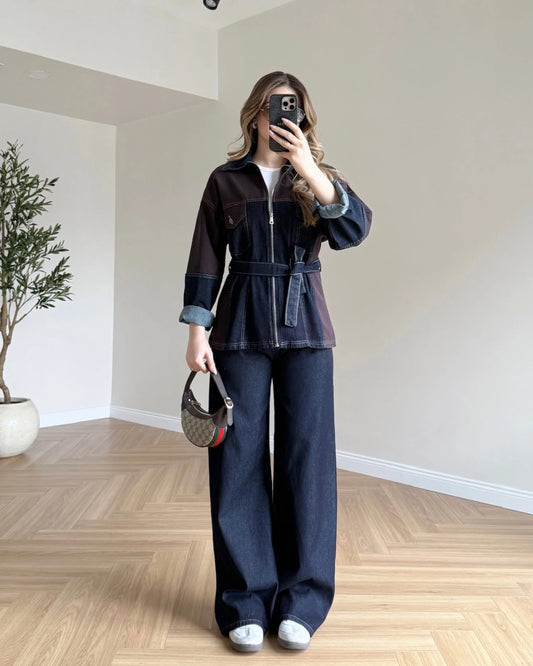 Çift Renk Kuşaklı Denim Takım - Kahve - Lacivert
