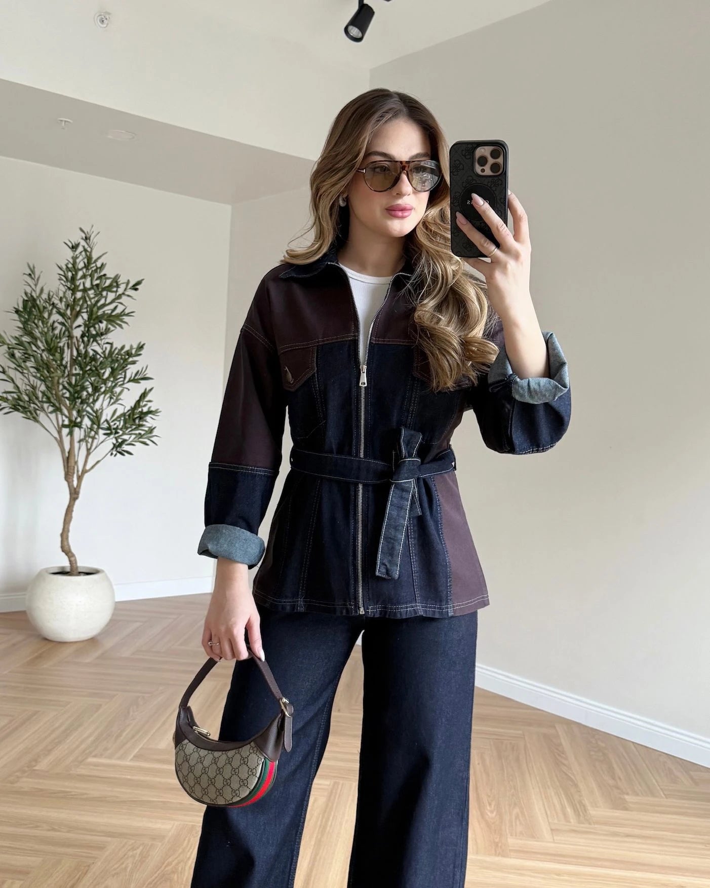 Çift Renk Kuşaklı Denim Takım - Kahve - Lacivert