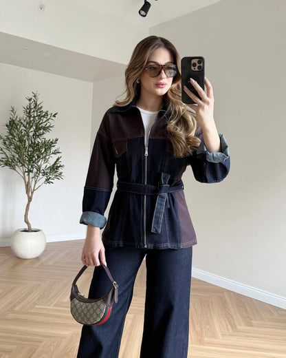 Çift Renk Kuşaklı Denim Takım - Kahve - Lacivert