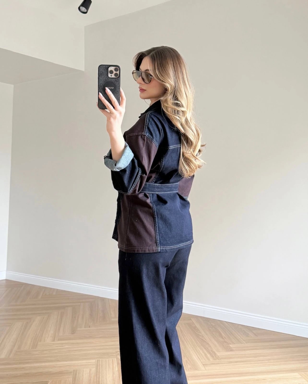 Çift Renk Kuşaklı Denim Takım - Kahve - Lacivert