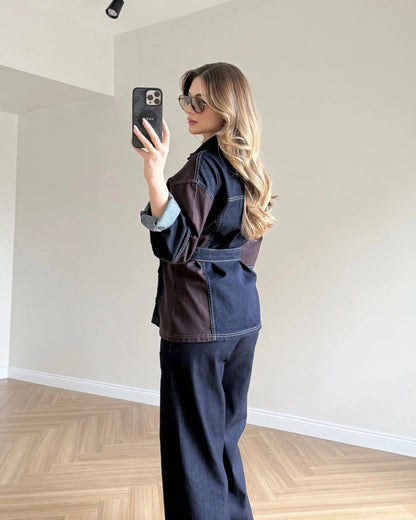 Çift Renk Kuşaklı Denim Takım - Kahve - Lacivert