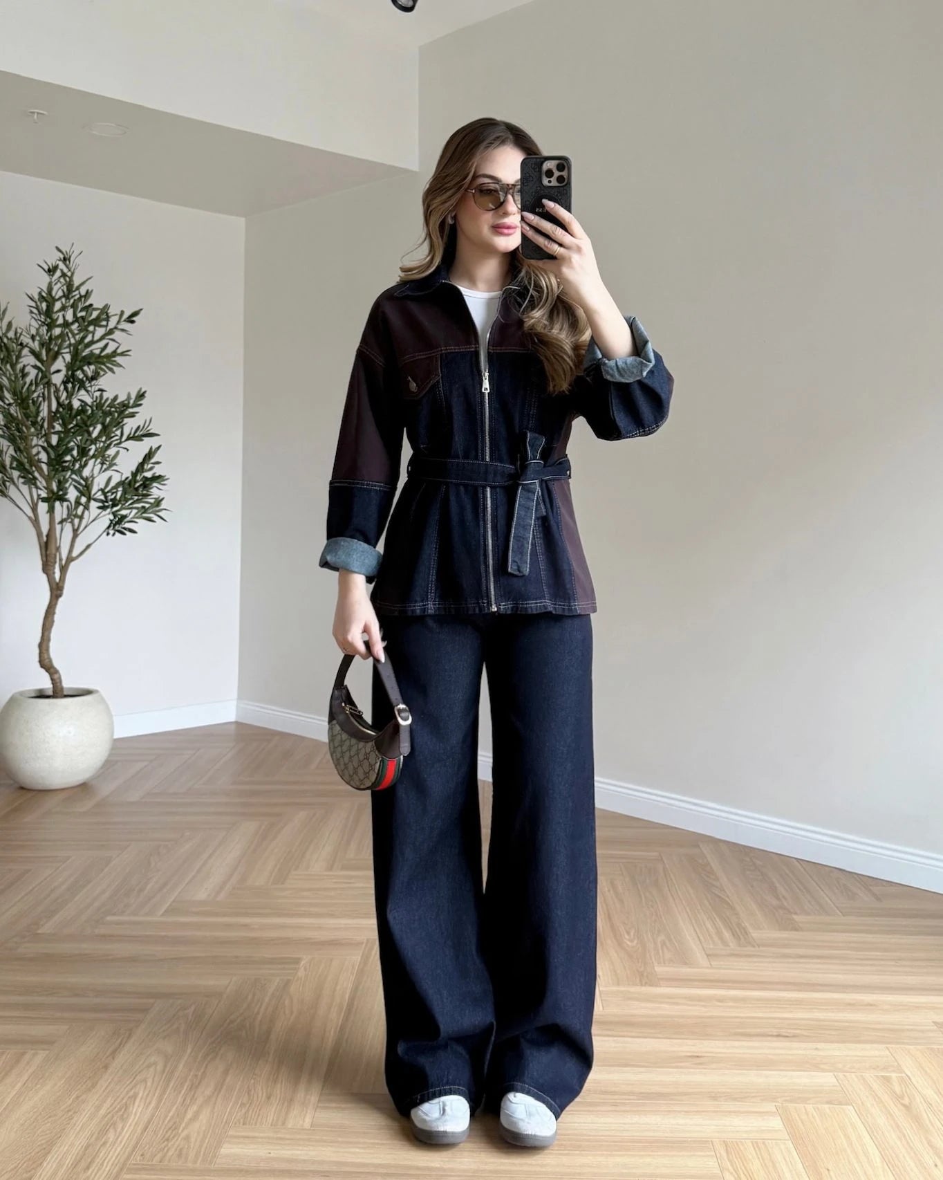 Çift Renk Kuşaklı Denim Takım - Kahve - Lacivert