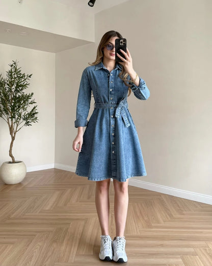 Çıtçıtlı Denim Elbise - Açık Mavi