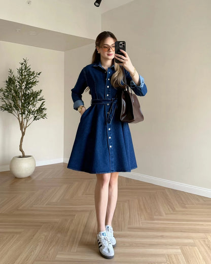 Çıtçıtlı Denim Elbise - Koyu Mavi