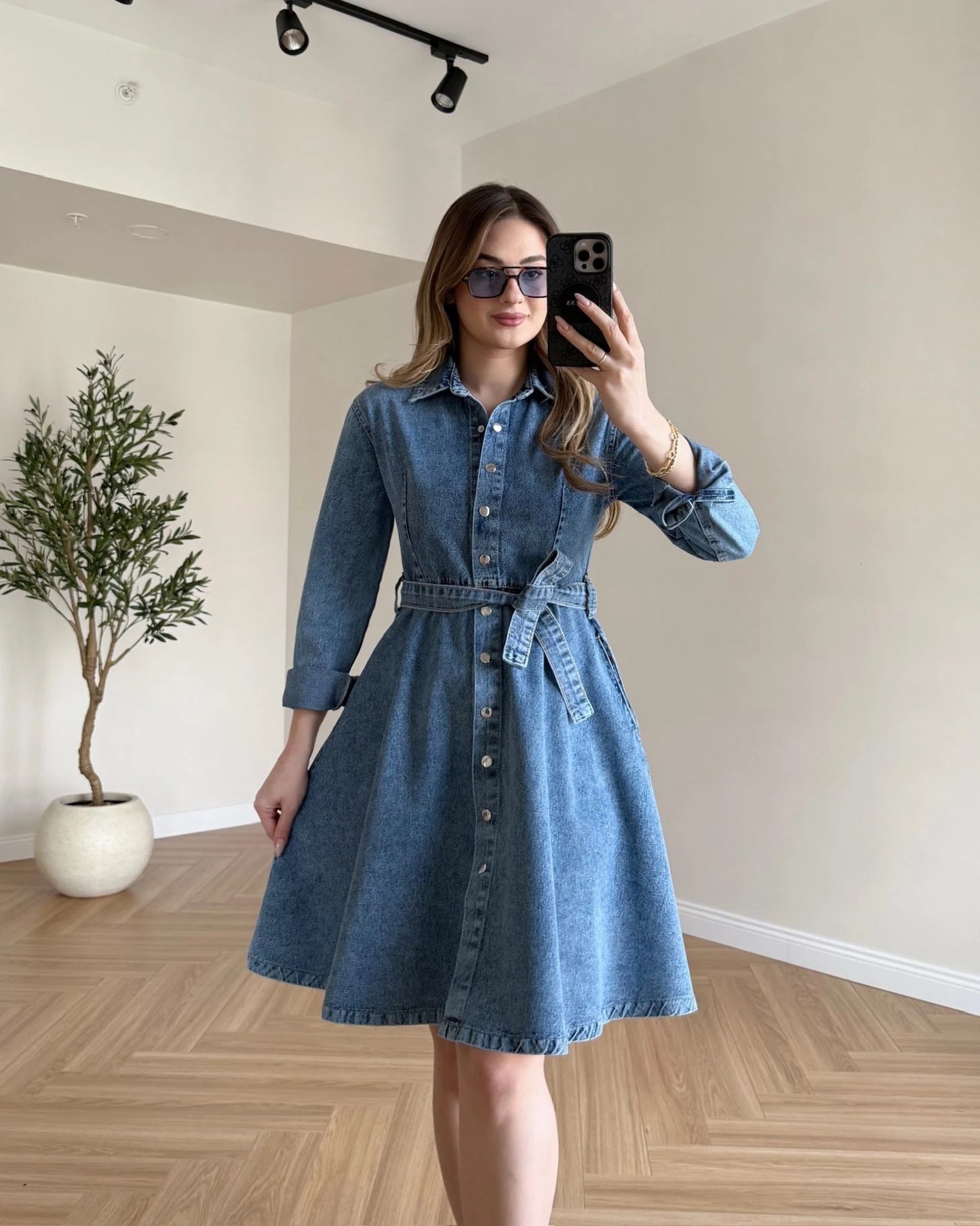 Çıtçıtlı Denim Elbise - Açık Mavi