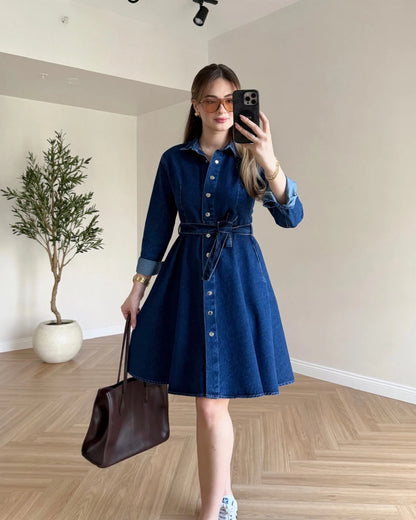 Çıtçıtlı Denim Elbise - Koyu Mavi