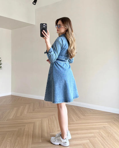 Çıtçıtlı Denim Elbise - Açık Mavi