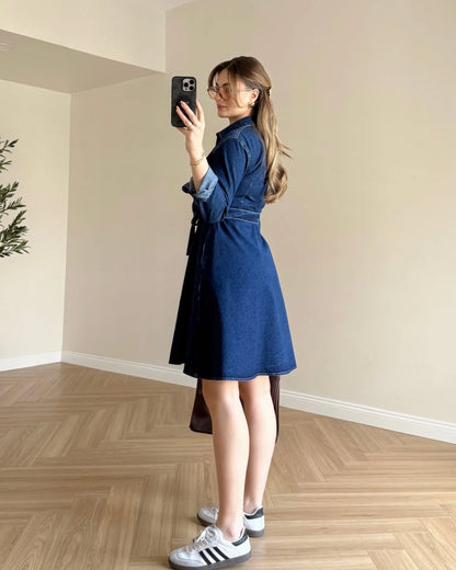 Çıtçıtlı Denim Elbise - Koyu Mavi