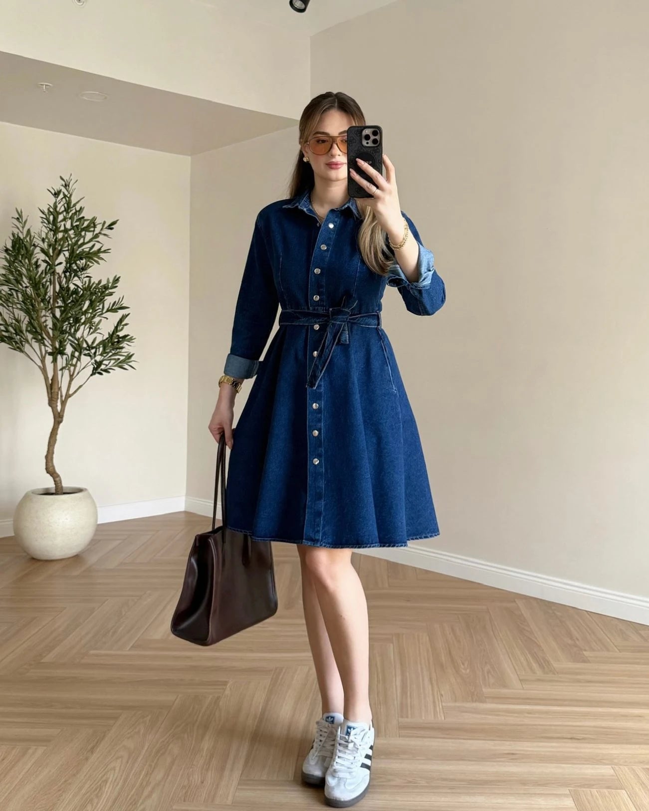 Çıtçıtlı Denim Elbise - Koyu Mavi