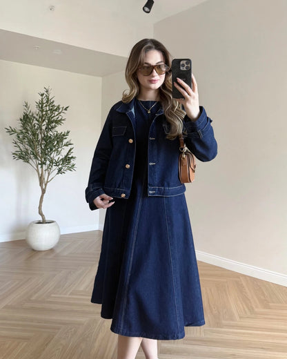 Denim Ceket - Elbise İkili Takım - Lacivert
