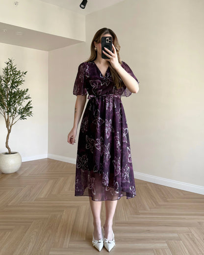 Desenli Midi Şifon Elbise - Mürdüm