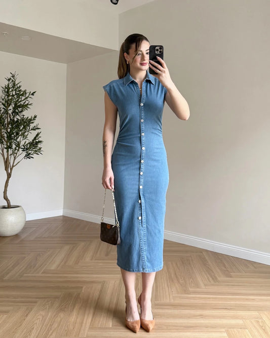 Drape Detay Likralı Denim Elbise - Açık Mavi